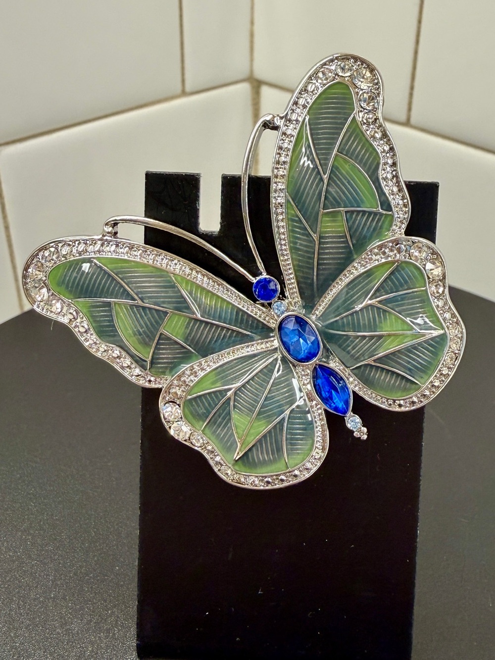 Green and Blue Enamel Butterfly Brooch - Silver Tone Crystal Accent